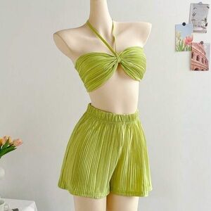 Lime Green Halter Pleated Two-Piece Set